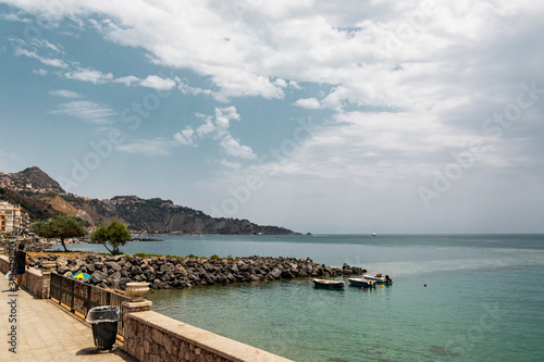 Moored boats on tropical sea island