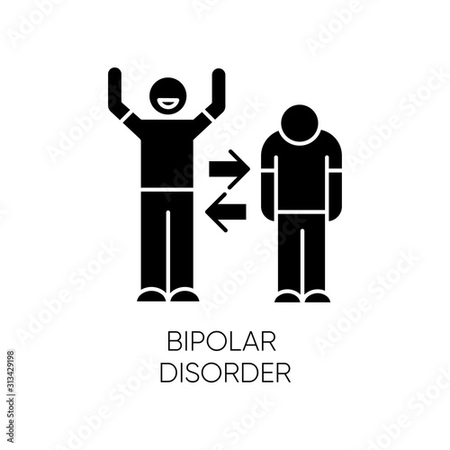 Bipolar disorder glyph icon. Manic and depressive episodes. Split personality. Sad and happy. Emotional swing. Mental health issues. Silhouette symbol. Negative space. Vector isolated illustration