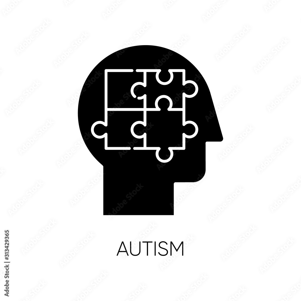 Autism glyph icon. Puzzled mind. Neurology and psychiatry. Children illness. Different thinking. Asperger. Developmental disorder. Silhouette symbol. Negative space. Vector isolated illustration