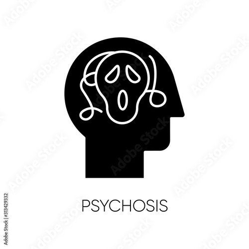 Psychosis glyph icon. Paranoid and scared person. Confused mind. Phobia. Schizophrenia. Depression and stress. Mental disorder. Silhouette symbol. Negative space. Vector isolated illustration