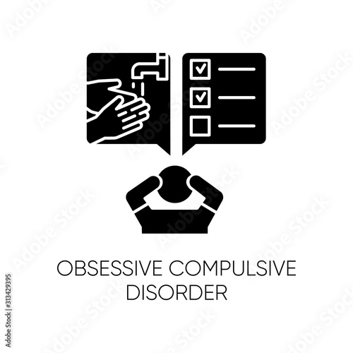 Obsessive-compulsive disorder glyph icon. Disturbed man. Thinking under pressure. Stress, anxiety. Perfectionist. Mental health issues. Silhouette symbol. Negative space. Vector isolated illustration