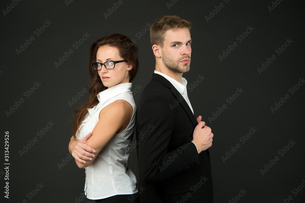 business couple. best business team. partnership concept. sexy formal  couple. office fashion and corporate attire. woman boss wear glasses.  businessman ceo man in suit. businesswoman and employee Stock-foto | Adobe  Stock