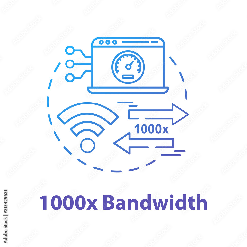 1000x bandwidth concept icon. Mobile internet. 5G technologies idea thin line illustration. High-speed connection. Wireless technology. Vector isolated outline drawing. Editable stroke 1000x bandwidth concept icon. Mobile internet. 5G technologies idea thin line illustration. High-speed connection. Wireless technology. Vector isolated outline drawing. Editable stroke