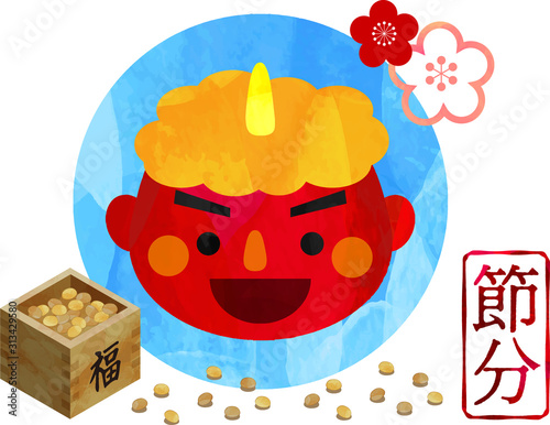 節分_赤鬼_鬼_豆まき_福豆_厄除け_大豆_行事_風習_升_炒り豆_イラスト_ベクター