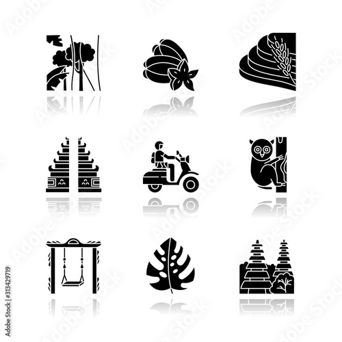 Indonesia drop shadow black glyph icons set. Tropical country animals. Trip to Indonesian islands. Exotic wildlife. Unique flora, fauna. Bali sightseeing, architecture. Isolated vector illustrations