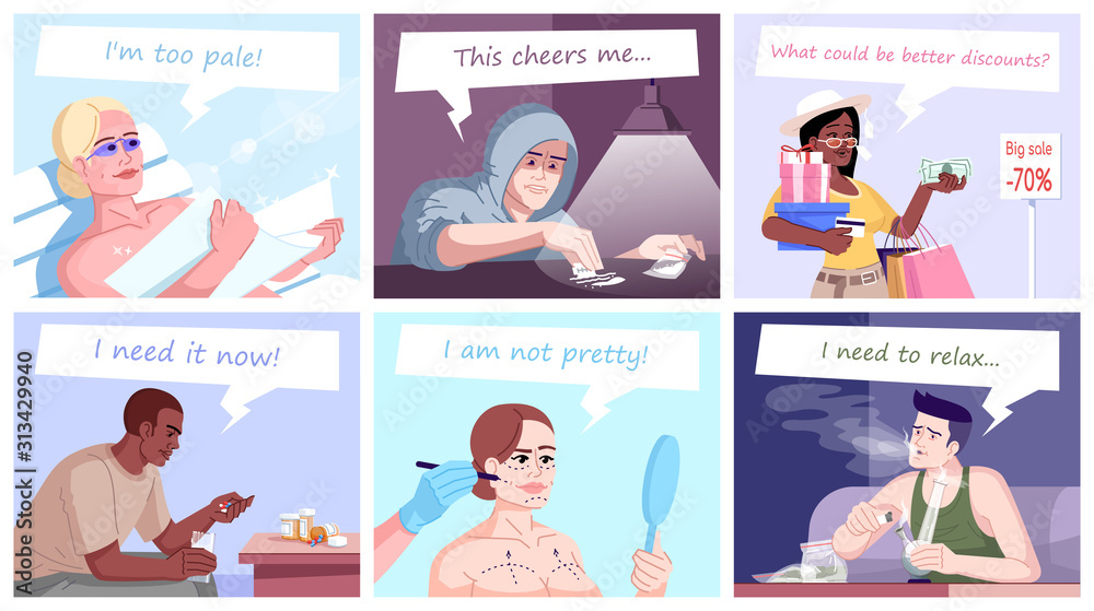 Addiction flat vector illustrations set. Shopaholic, fashion victims, drug, cocaine, cannabis addicts. Unhealthy dependences. Men and women with compulsive habit disorders cartoon characters