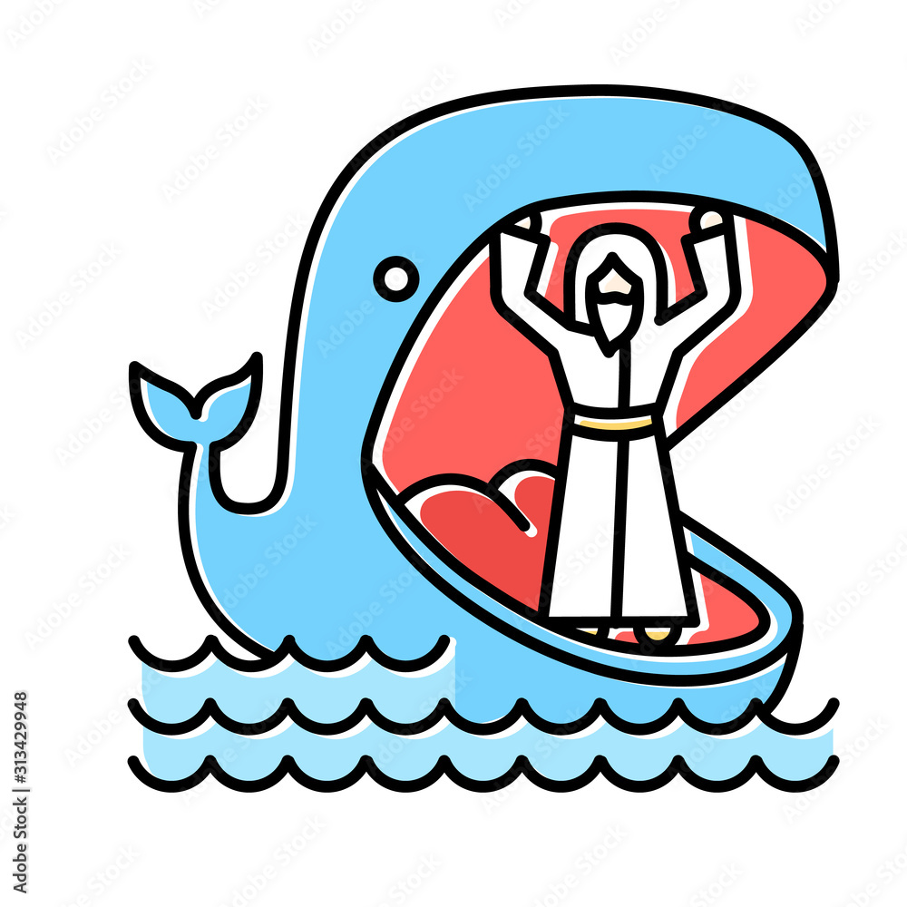 Jonah and whale blue color icon. Old Testament story. Jonahs miraculous return from jaws of huge fish. Repentance and forgiveness. Bible narrative. Isolated vector illustration Jonah and whale blue color icon. Old Testament story. Jonahs miraculous return from jaws of huge fish. Repentance and forgiveness. Bible narrative. Isolated vector illustration