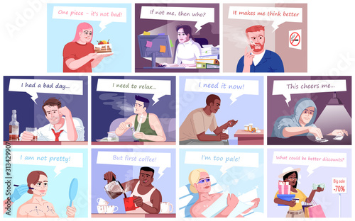 Human addiction flat vector illustrations set. Gluttony, workaholism, alcoholism, use of energy and psychotropic substances, fashion victims, shopaholism. Addicted people cartoon characters