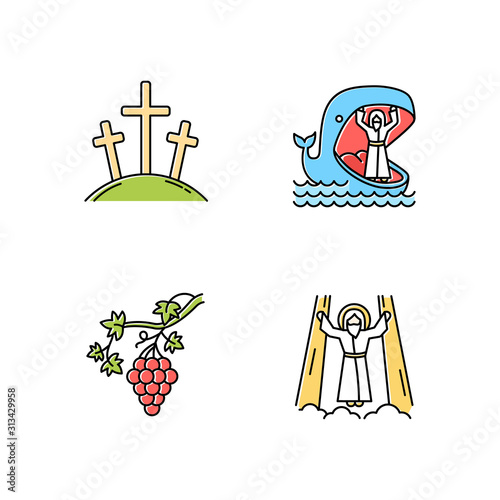 Bible narratives color icons set. Calvary, Jonah and whale, grapevine, ascension of Jesus Christ. Christian stories. Holy writ studying, learning. Isolated vector illustrations