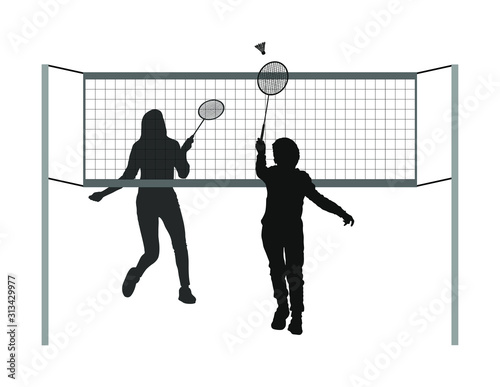 Happy girl and boy playing badminton vector silhouette isolated on white background. Friends sport fun. Badminton players in action. Children outdoor beach activity. Picnic relaxation after barbecue