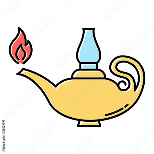 Lamp yellow color icon. Lit glowing ancient oil lantern. Bible spiritual symbol. Middle Eastern fairytale burning lamp. Arab legend. Christian narrative. Isolated vector illustration