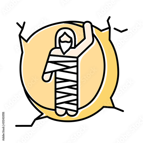 Raising of Lazarus yellow color icon. Christ resurrection from tomb. Man in shroud at entrance to cave. Resurrection day. Easter Sunday. Christian holiday. Gospel story. Isolated vector illustration