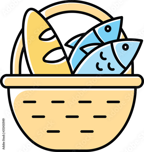Bread and fish in basket yellow color icon. Feeding the multitude. Holy week. Miracle of Christ. Blessing food from Bible. New Testament. Bible narrative. Gospel story. Isolated vector illustration