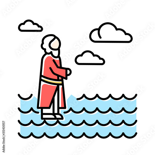 Jesus walking on water blue color icon. Miracles of Jesus Christ. Savior on water surface offering open hand and waching to heaven. New Testament. Bible narrative. Isolated vector illustration