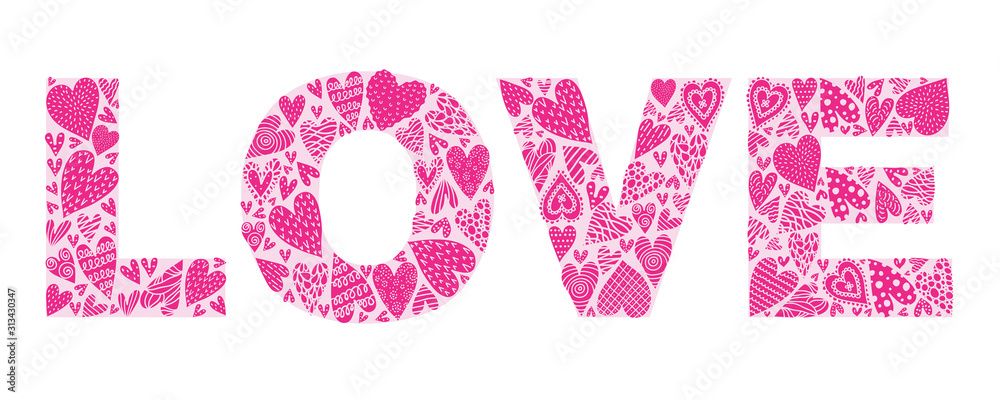 Cute LOVE card as letters decorated with hand drawn hearts.