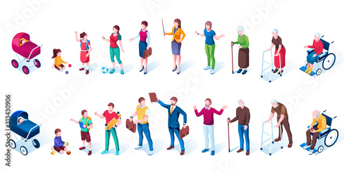 Set of men and women cartoon characters at different aging stages. Human generation growth or evolution. Infant baby and child, young kid and teenager, mature adult and grandfather, grandmother. Age