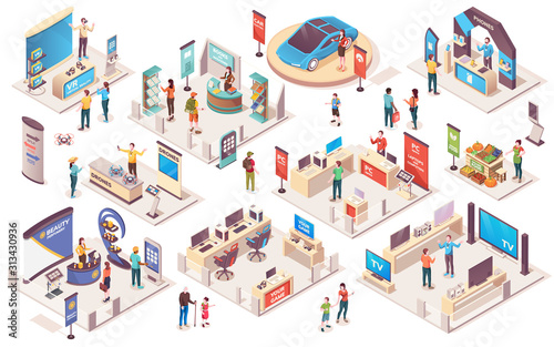 Expo center and trade show exhibition product display stands, vector isometric icons. Promo trade exposition demo stands and showcase booth racks or information desks, visitors and consultants people photo
