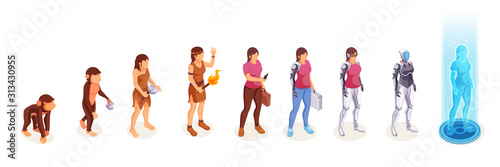Foto Human evolution of woman from monkey to digital technology world robot and cyborg technology