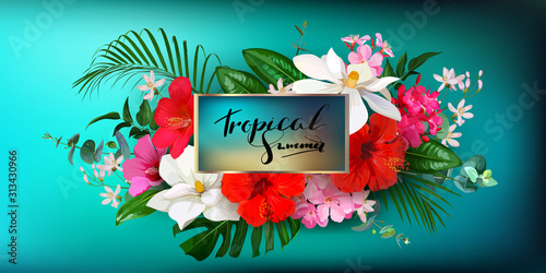 Tropical vector design of greeting card with hibiscus and magnolia flowers