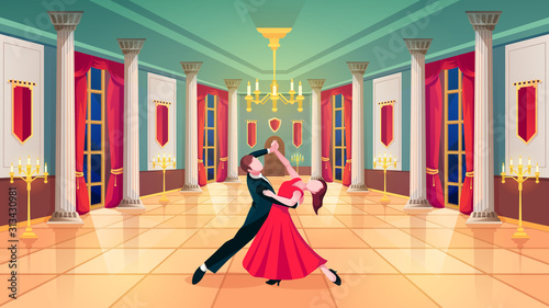 Ballroom hall, waltz dancers in royal palace room, vector background. Man and woman dancing waltz in ball room with luxury interior, marble columns and curtains, golden candelabra and candles