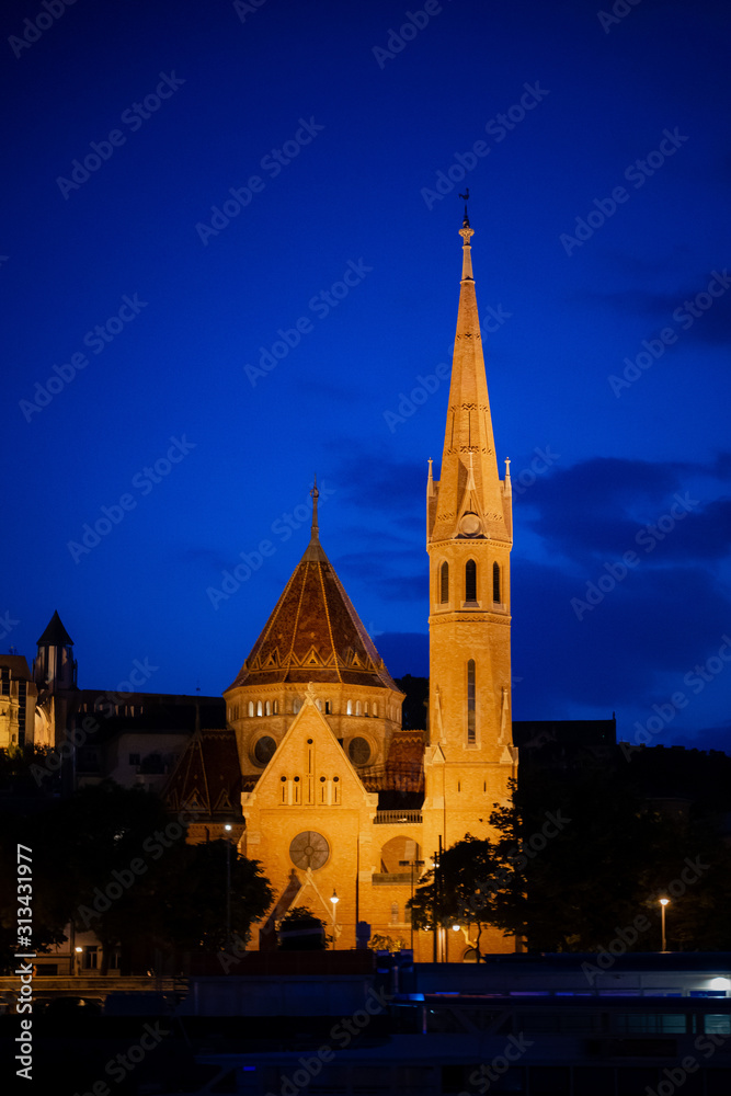 Budapest Hungary Church at Night from Danube River
