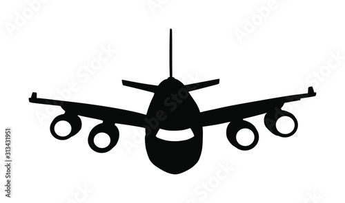 Airplane vector silhouette illustration isolated on white background. Jet plane leaves airport symbol. Aircraft go to destination. Plane shadow. 