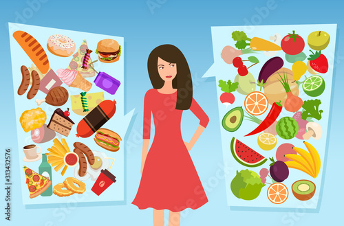 Vector of a woman choosing between healthy and unhealthy food