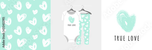 Seamless pattern and illustration for kid with heart, text True Love.