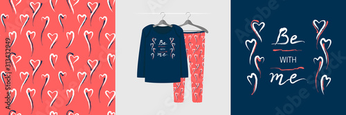 Seamless pattern and illustration for kid with hearts, text Be With Me.