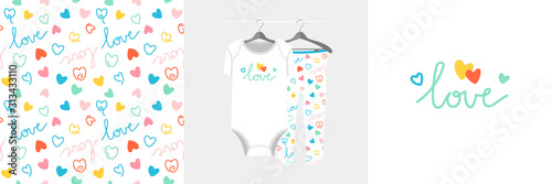 Seamless pattern and illustration for kid with hearts and lettering love.