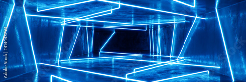 Abstract blue interior or corridor with neon light. Fluorescent lamp. Futuristic architecture background. 3d illustration of neon lamps that illuminate interior space. Mock-up for your design project