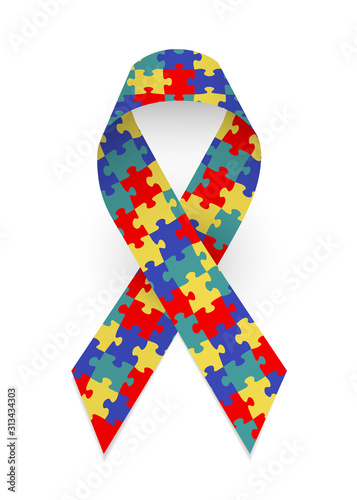Colorful satin puzzle ribbon as symbol autism awareness. Isolated vector illustration on white background photo
