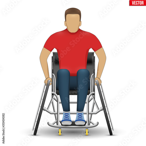 Disabled athlete in wheelchair. Equipment for paralympic athletes. Man sitting in sport wheelchair. Front vew. Vector Illustration isolated on white background.