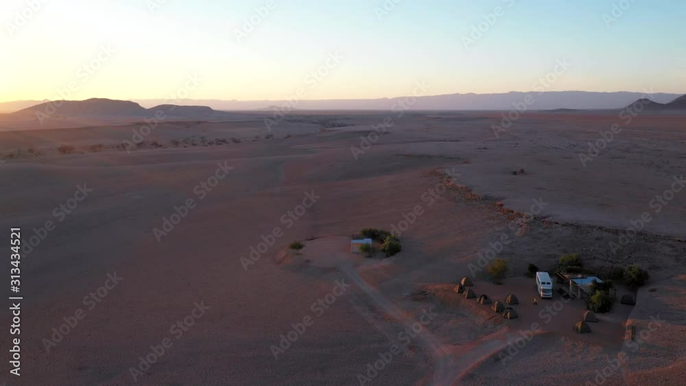 Aerial shot of camp in sossusvlei, Namibia during sunrise Aerial shot of camp in sossusvlei, Namibia during sunrise