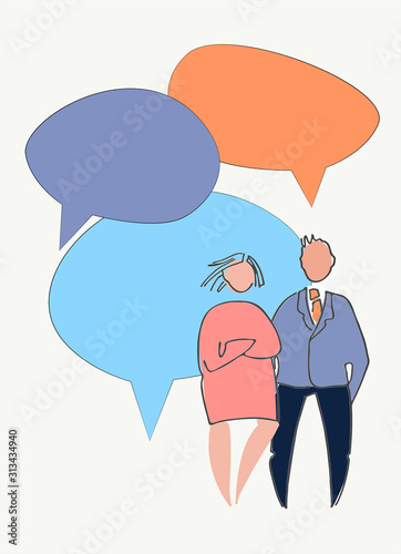 Business people chatting, presenting their ideas. People vector illustrations, speech bubbles with place for your text