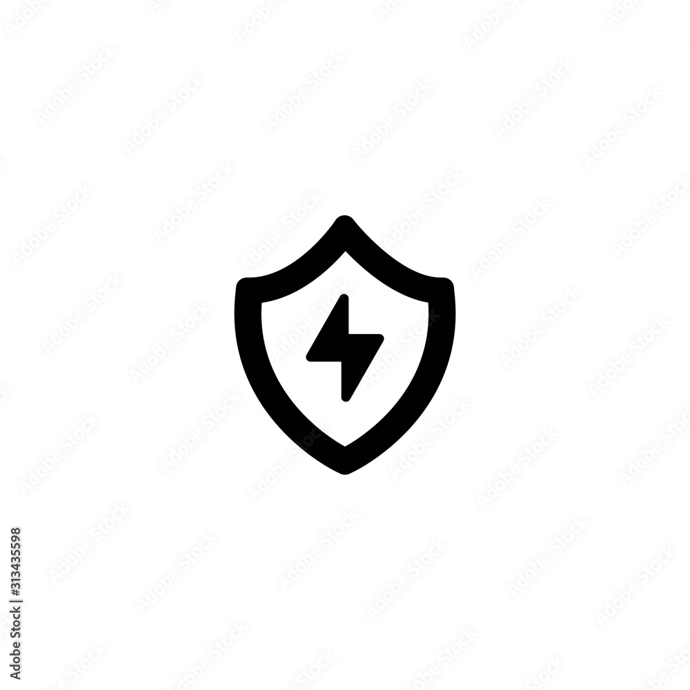 black shield with lightning silhouette sign. Vector flat icon isolated on white. black shield with lightning silhouette sign. Vector flat icon isolated on white.