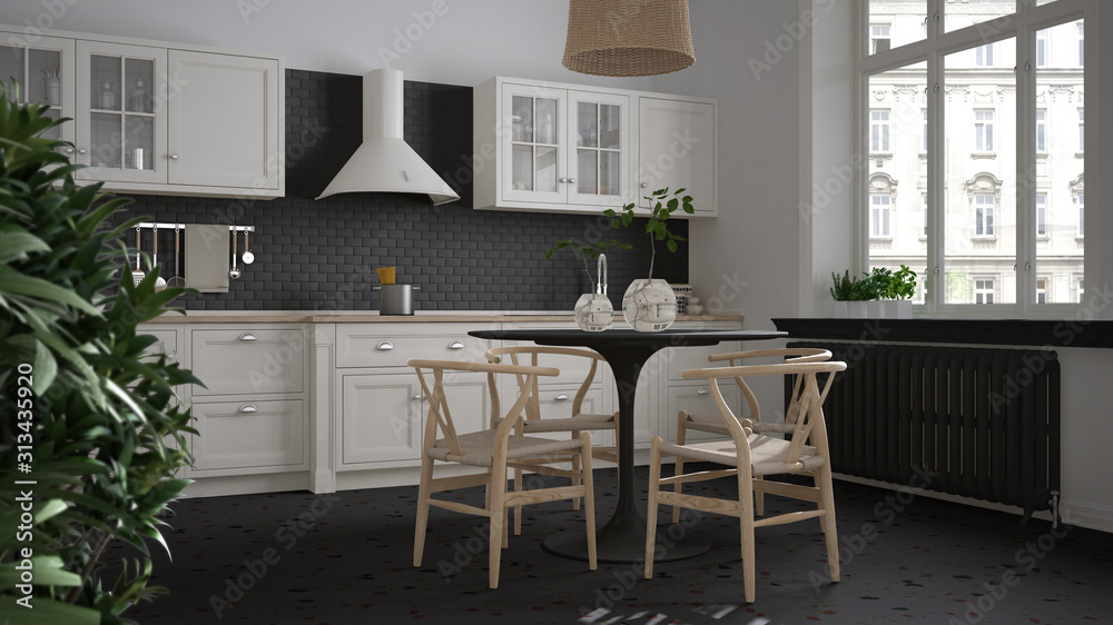 Retro white and gray vintage kitchen with terrazzo marble floor, panoramic windows, dining room, round table with wooden chairs, potted plants, radiator, pendant lamp, interior design