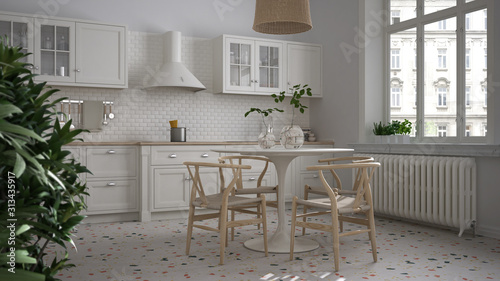 Retro white vintage kitchen with terrazzo marble floor and panoramic windows, dining room, round table with wooden chairs, potted plants, radiators, pendant lamp, cozy interior design