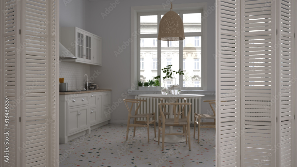 Fototapeta White folding door opening on retro vintage kitchen with marble floor and windows, dining room, table with chairs, white interior design, architect designer concept, blur background