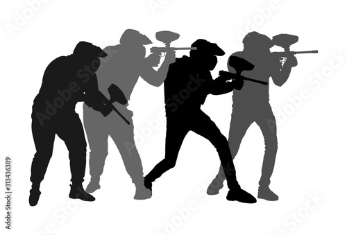 Paintball players vector silhouette isolated on white background. Extreme sport game. Aiming man with rifle shooting on target. Active boy with rifle in adrenaline battle. Group of friends team work.