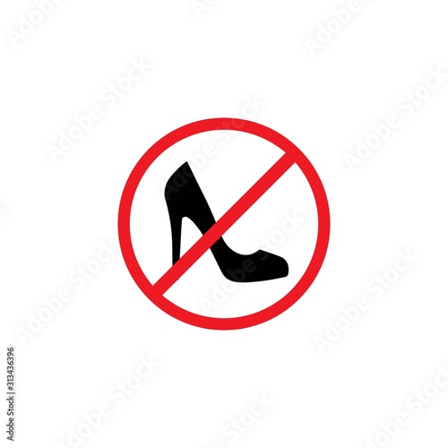 black female shoe with high heel in red crossed circle. Forbidden, unallowed slipper with spike heel.