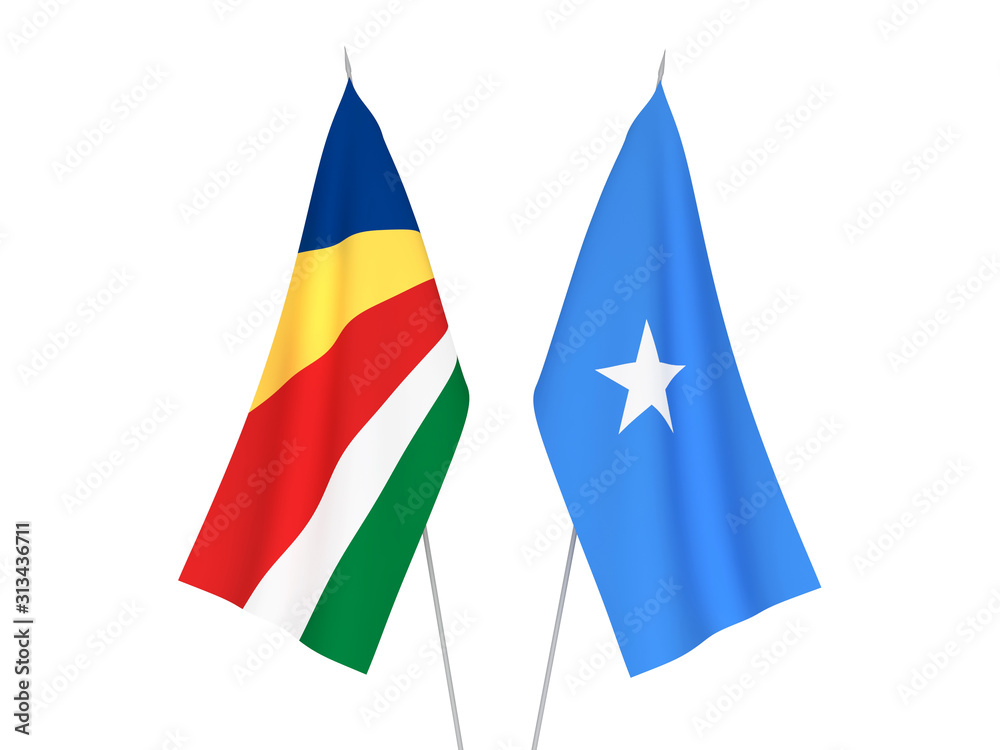 National fabric flags of Somalia and Seychelles isolated on white background. 3d rendering illustration.