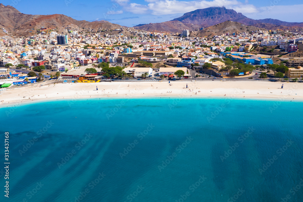 Aerial view of Laginha beach in Mindelo city in Sao Vicente Island in Cape Verde