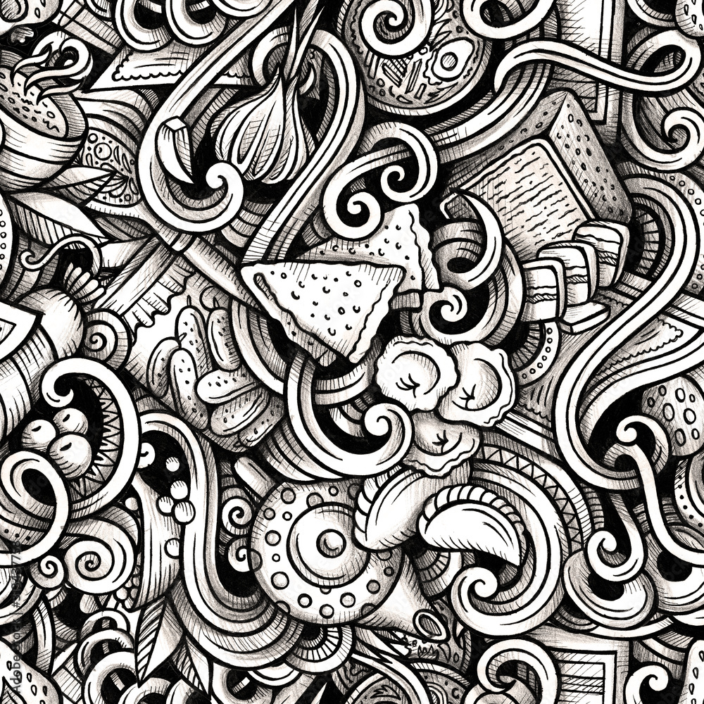Russian food hand drawn doodles seamless pattern.