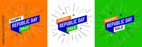 3 set of happy Republic Day of India Concept, Template, Banner, Logo Design, Icon, Poster, Unit, Label, Web Header, Mnemonic with Celebration on white rays Background. 26 January - Vector