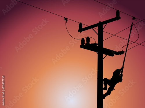 Silhouette of power lineman closing a single phase transformer on energized high-voltage electric power lines.