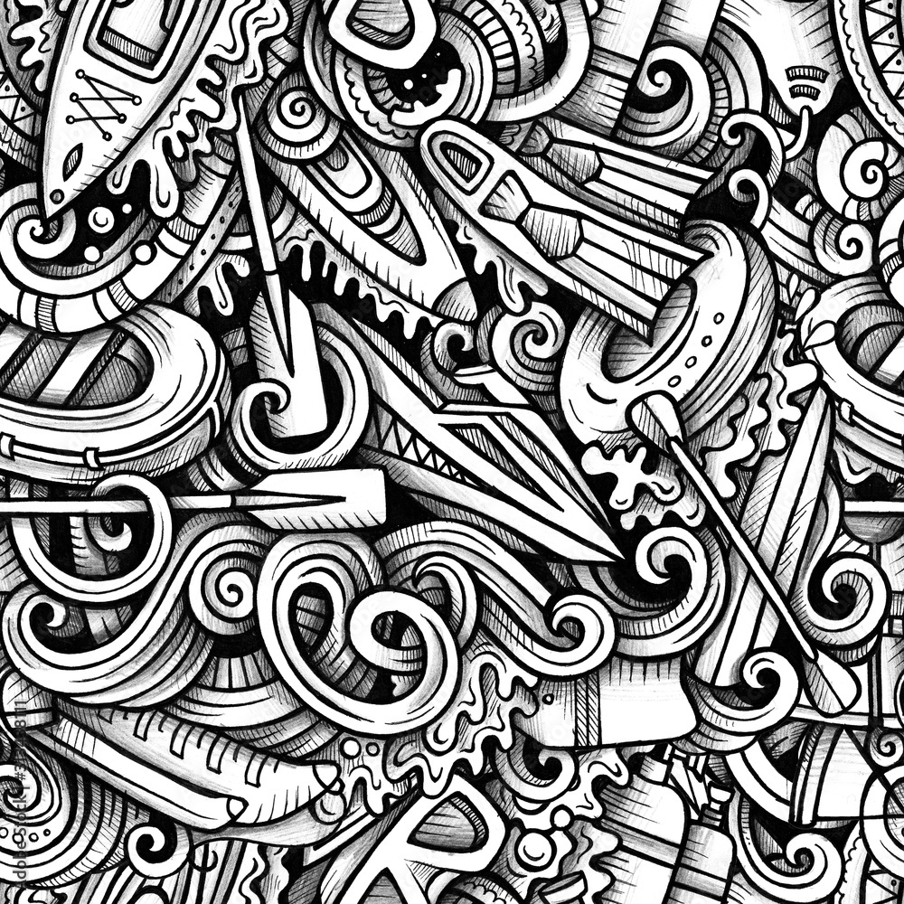 Water extreme sports hand drawn doodles seamless pattern.