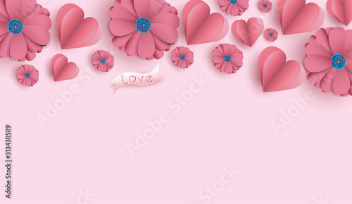 Valentine's Day background with paper cut flowers and hearts.