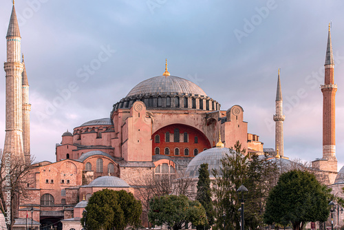 Amazing Hagia Sophia or Hagia Sophia Church of the Holy Wisdom in the Morning Time with Sunset in Istanbul, Turkey 