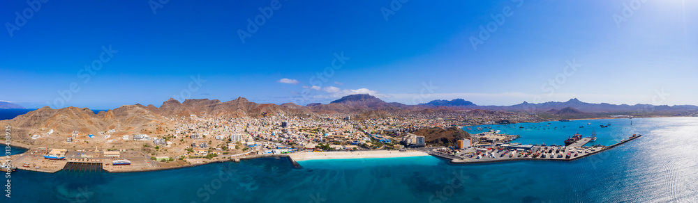 Aerial panoramic view of Mindelo waterfront in Sao Vicente Island in Cape Verde